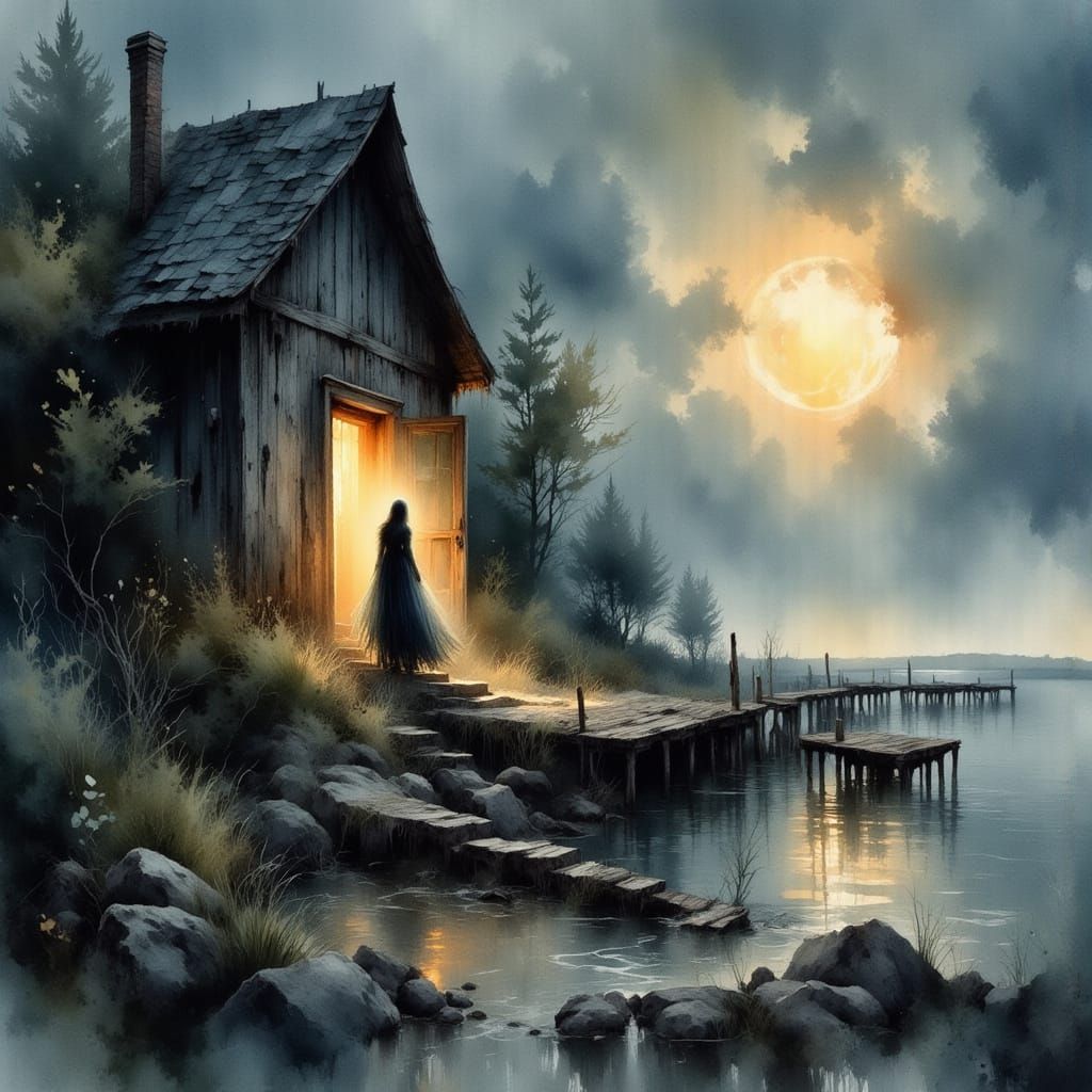 Surreal Figure Haunts Weathered Shack at Bay's Edge, Impress...