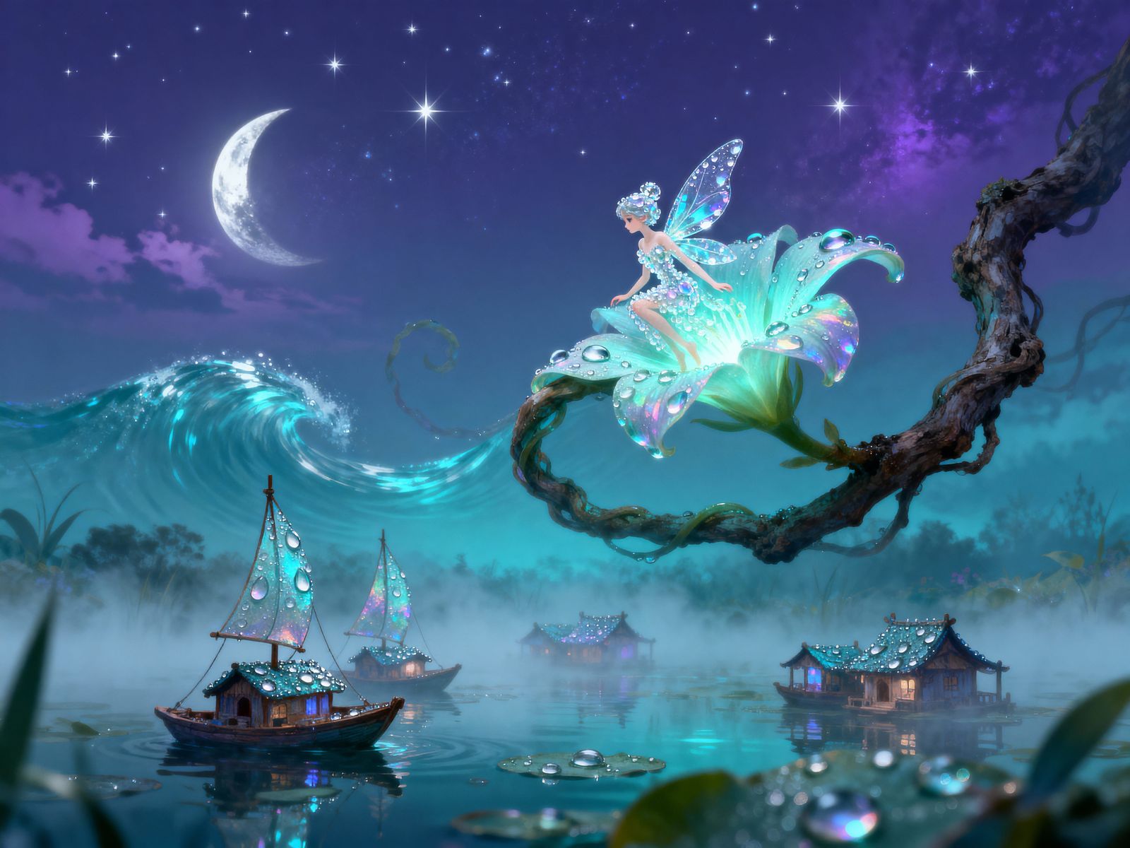 Tiny Fairy of Iridescent Dew Drops on Bioluminescent Flower