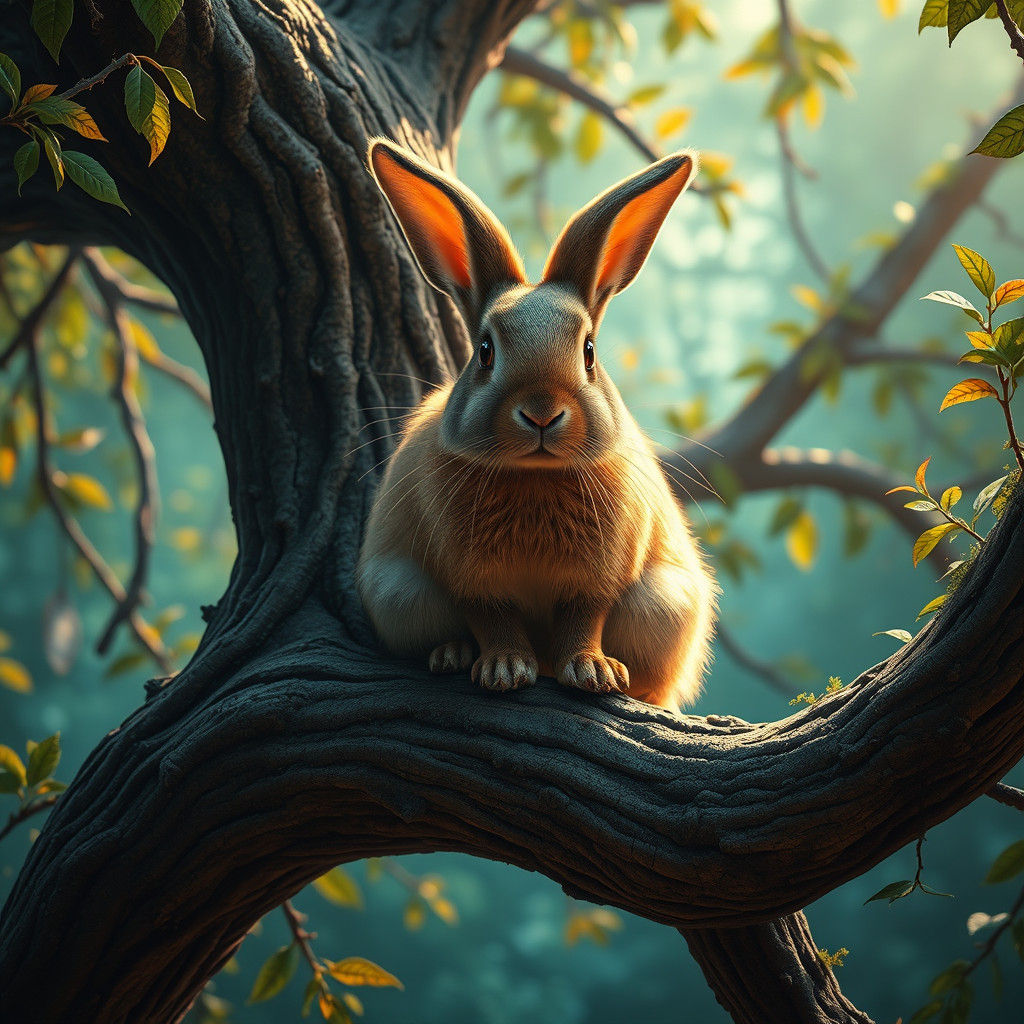 Rabbit on Gnarled Branch in Detailed Matte Painting