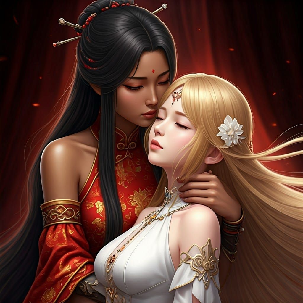 Ethereal Asian Warrior Queen and Blonde Lover in Intimate Em...