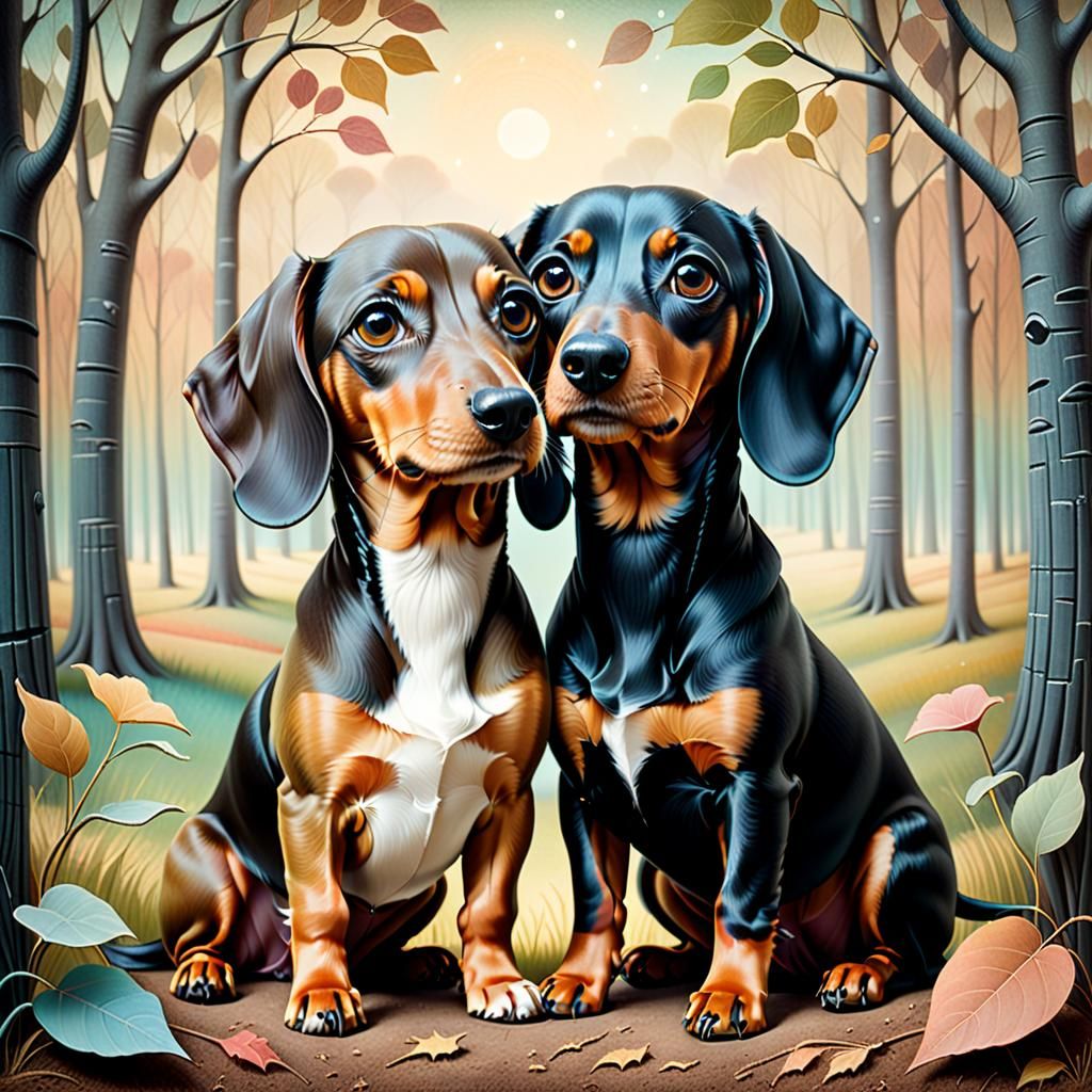 Sausage Dogs in an Idyllic Wood, Pastel Art
