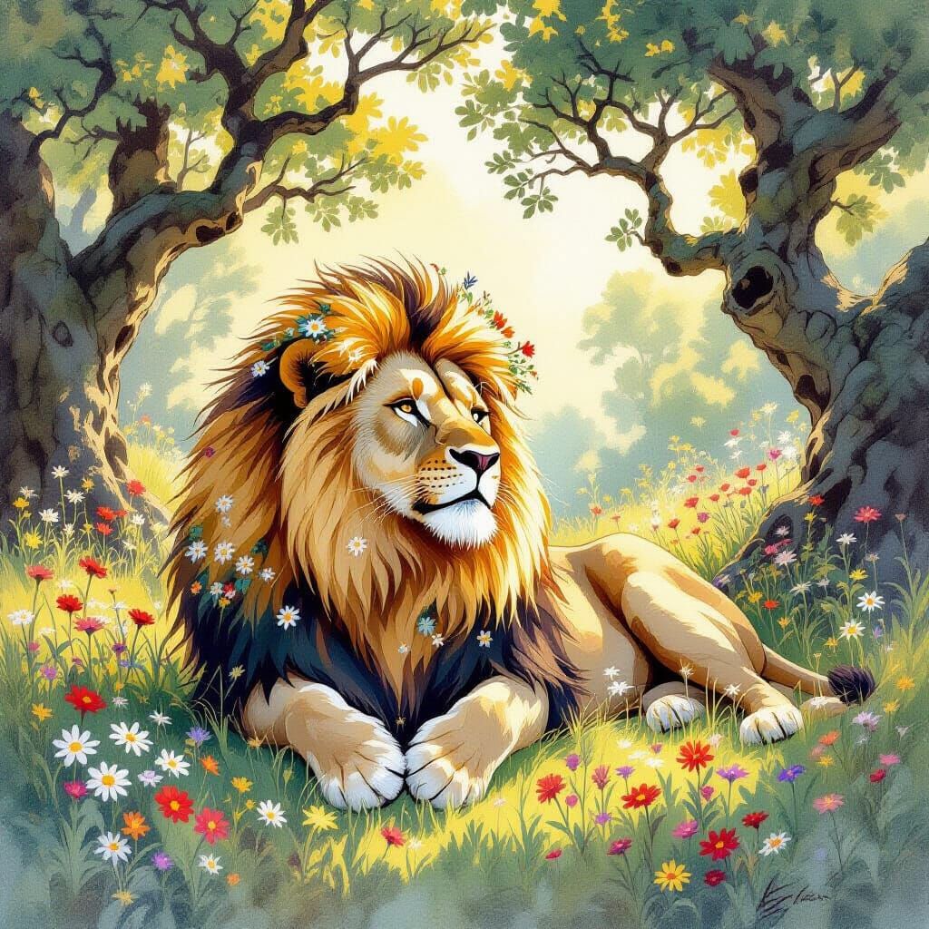 Lion with Wildflower Mane in Sun-Dappled Clearing