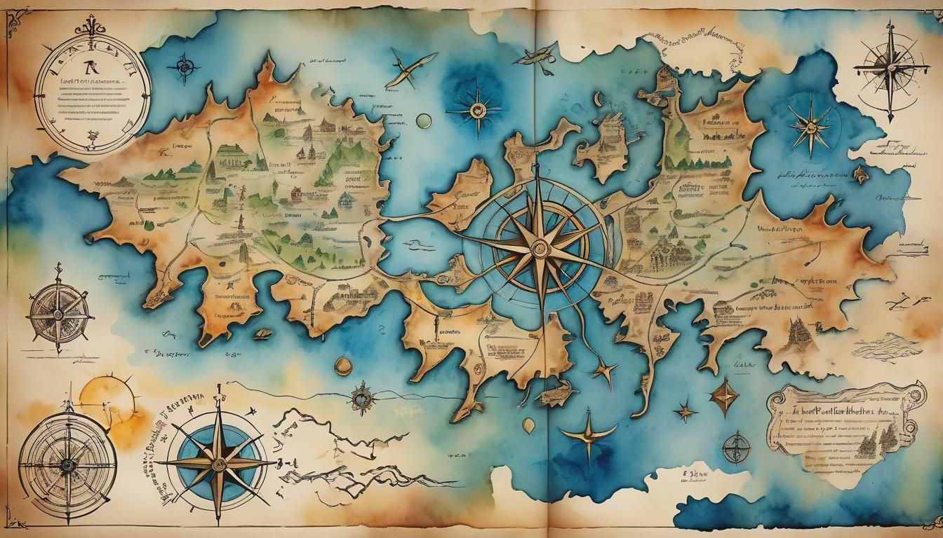 Watercolor Blueprint Map Illustration with Arcane Symbols