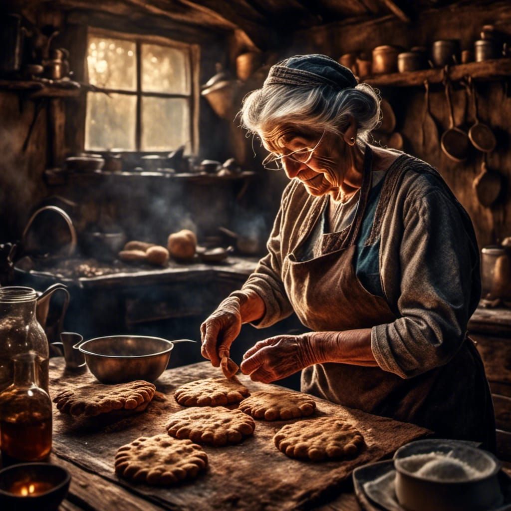 Grandma baking cookies in a rustic kitchen