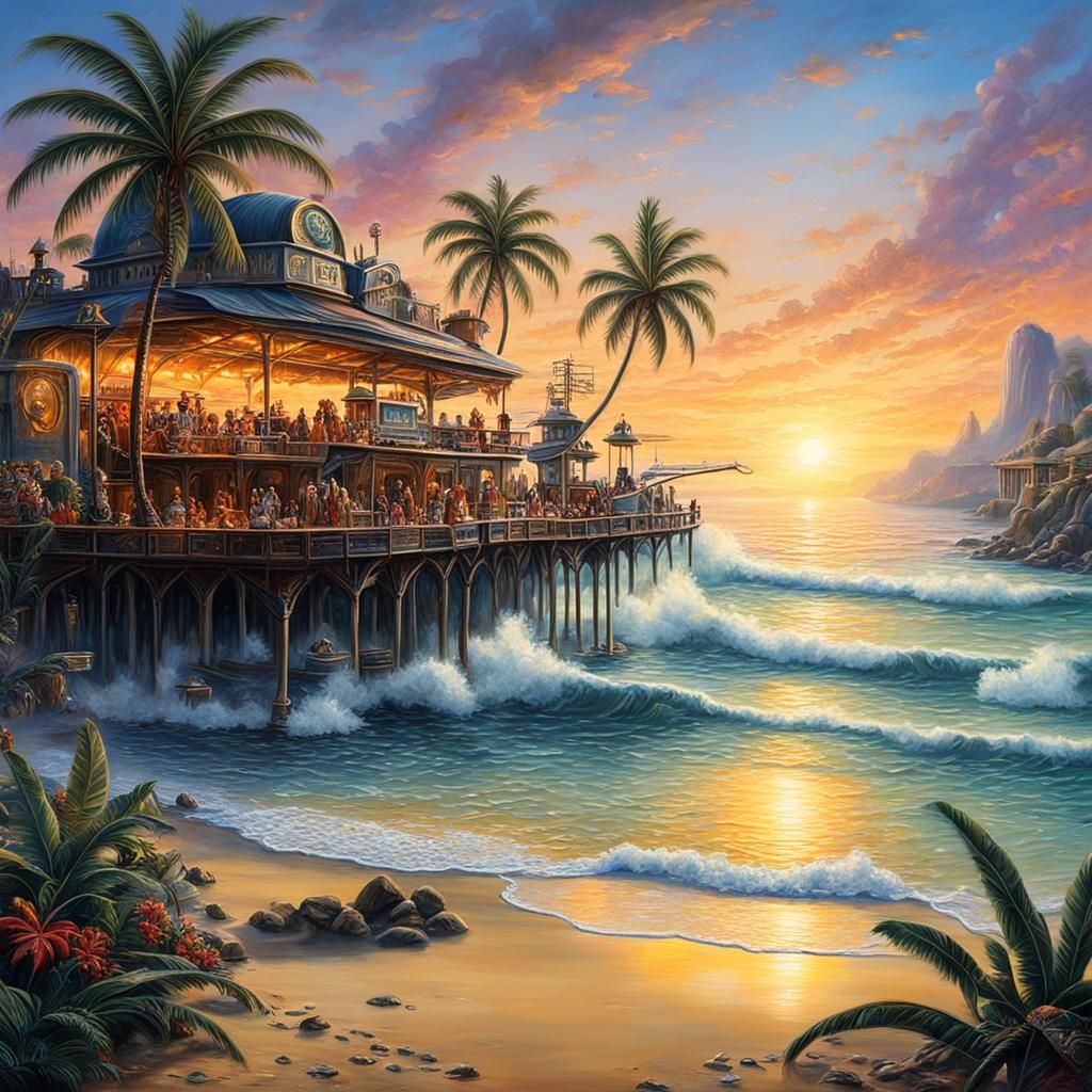 Tropical Beach Sunset in Surreal Oil Painting Style