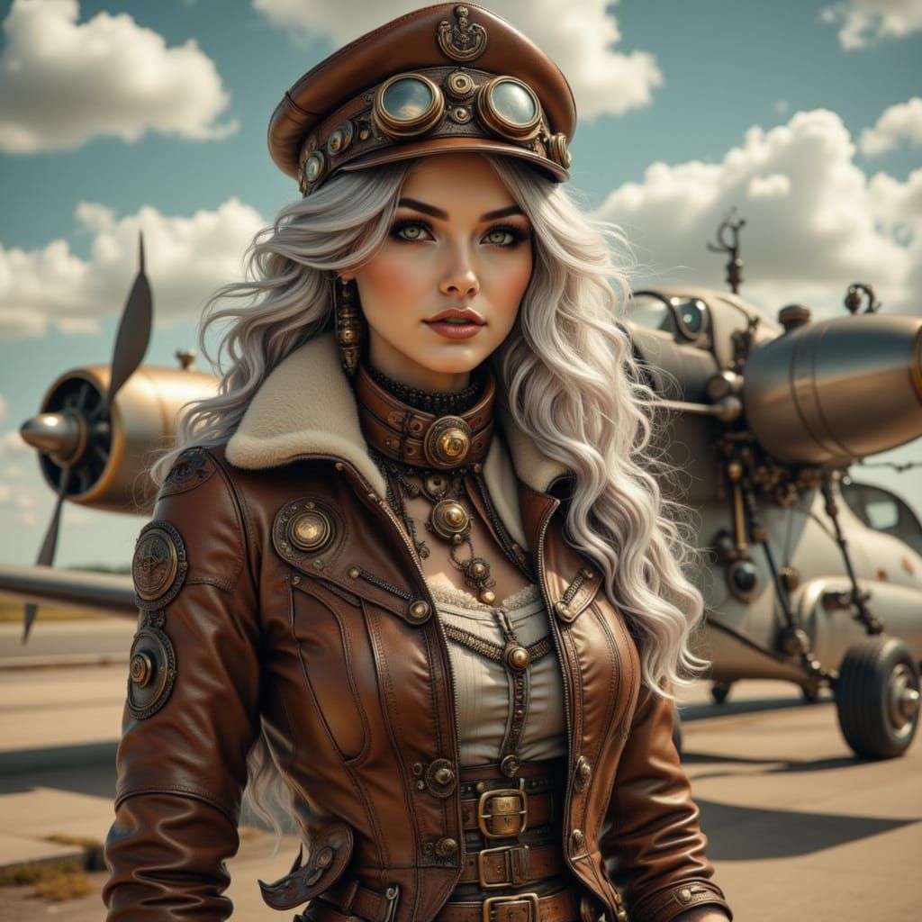 Steampunk Aviator Woman with Silver Hair in Leather Uniform