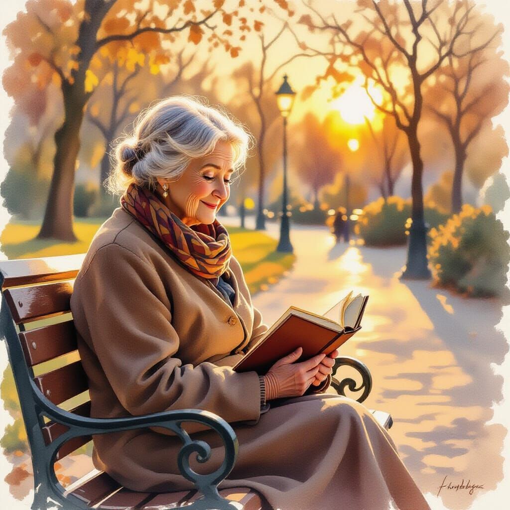 Elderly Woman on Bench at Sunset, Watercolor Style