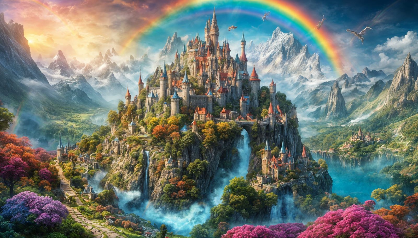 Colorful Fantasy Dreamland with Dragon in 3D