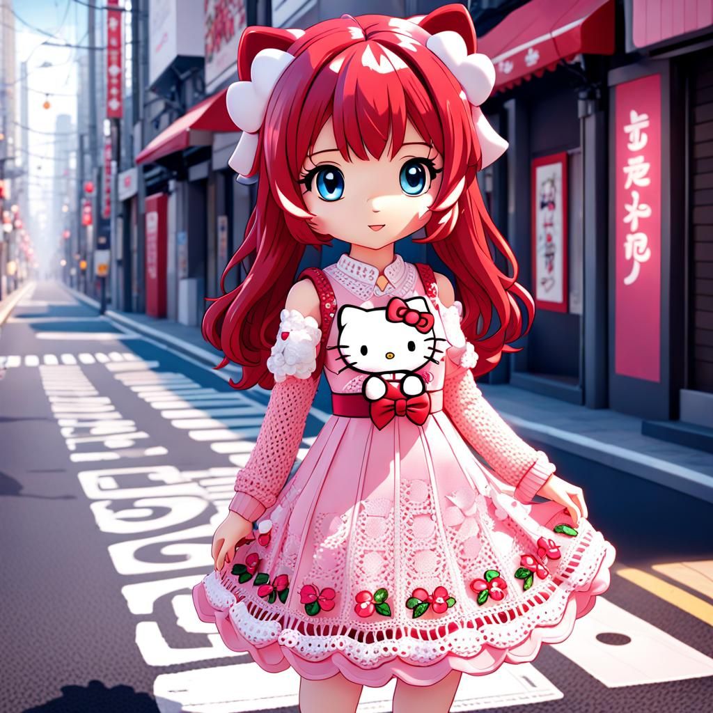 Anime Girl in Hello Kitty Crochet Dress