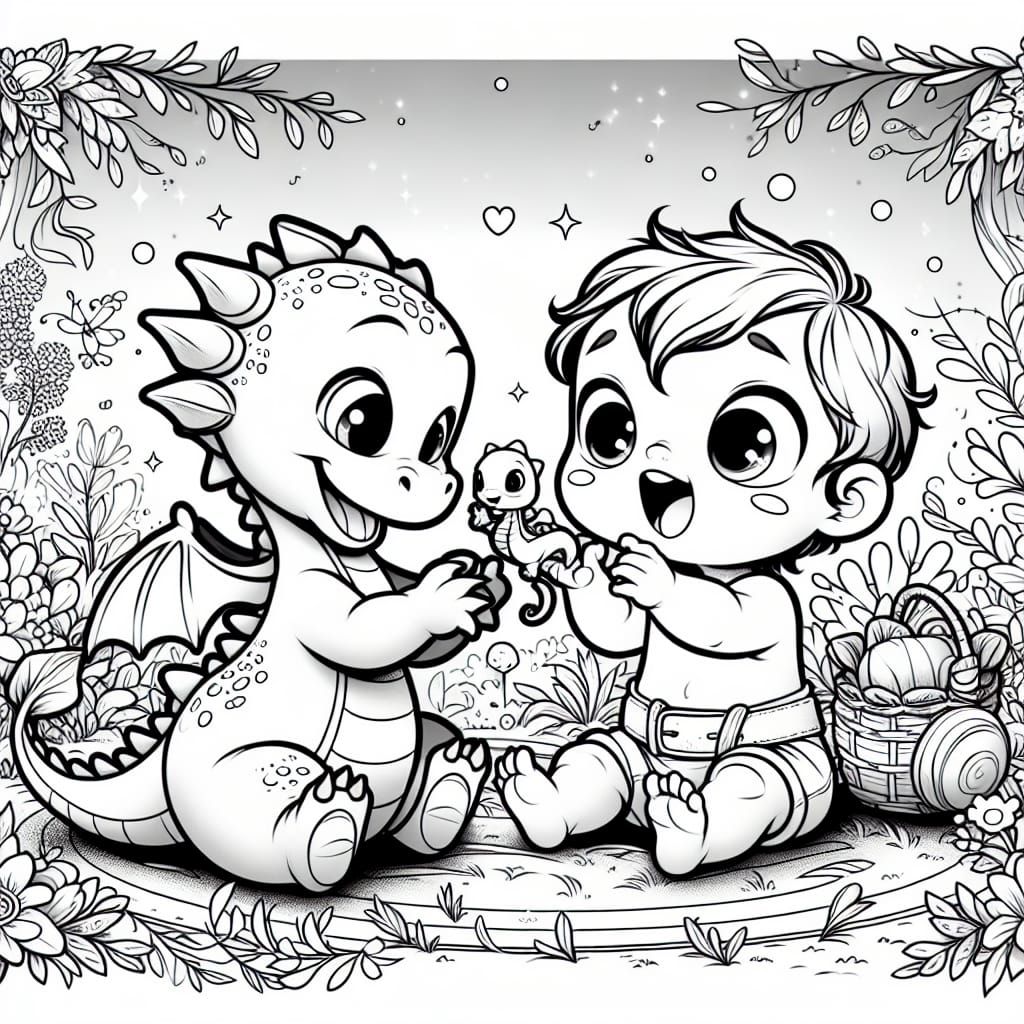 Baby Dragon and Toddler Play: Coloring Book Illustration