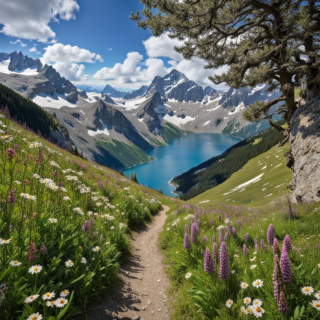 Hikers on Alpine Trail to Snowy Swiss Alps