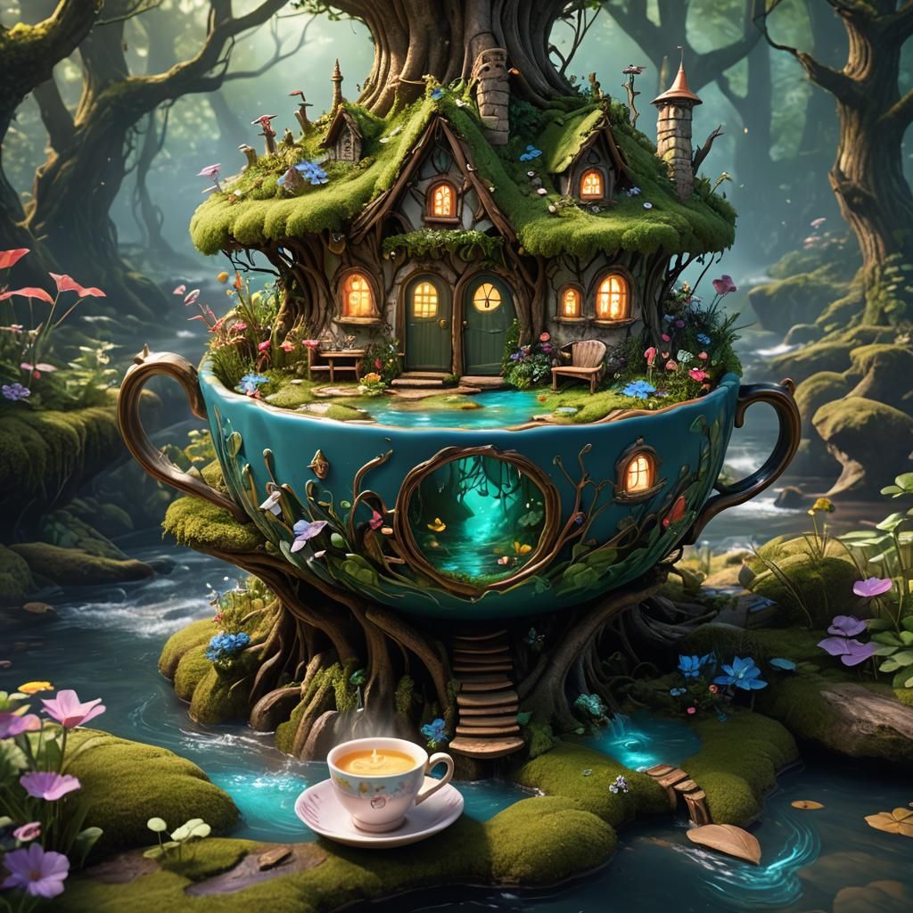 Magical Fairy Home Inside a Teacup: Detailed Matte Painting