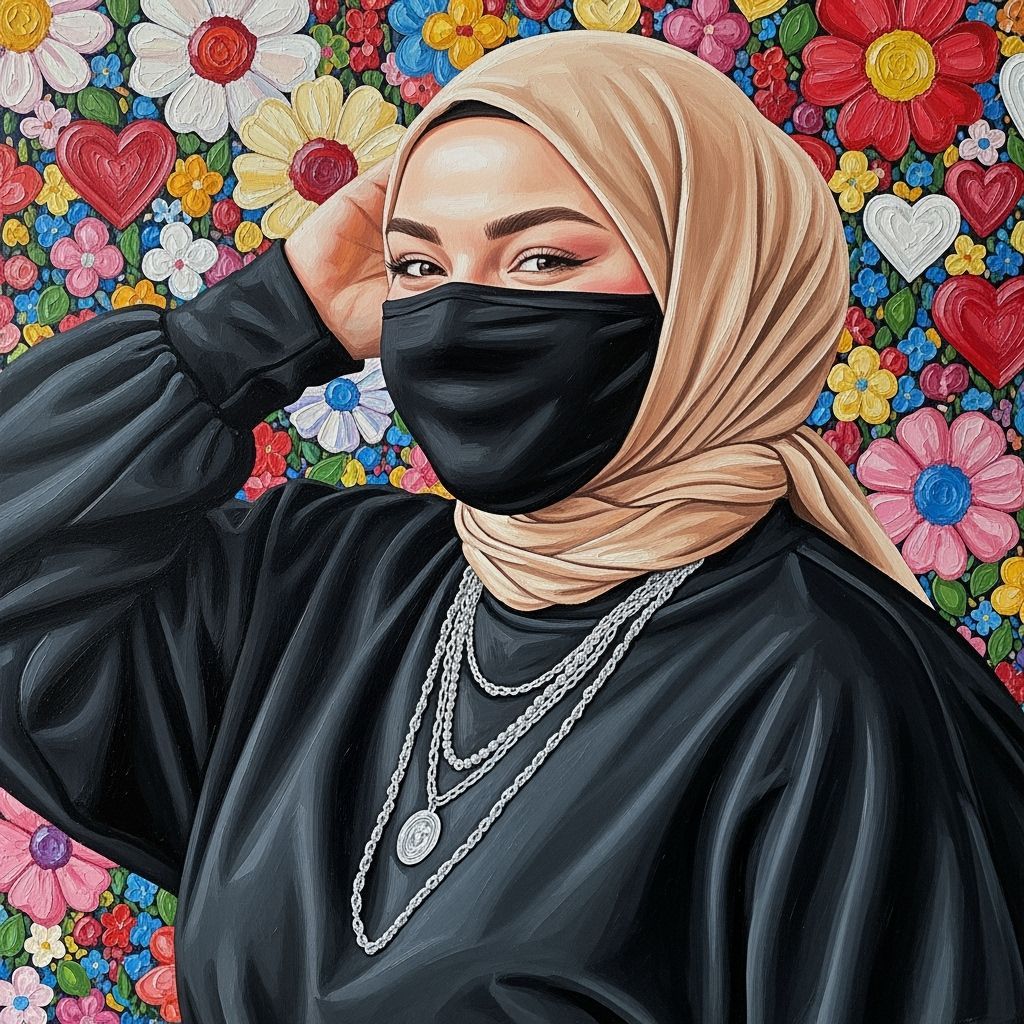 Modern Oil Portrait of Woman in Hijab and Facemask