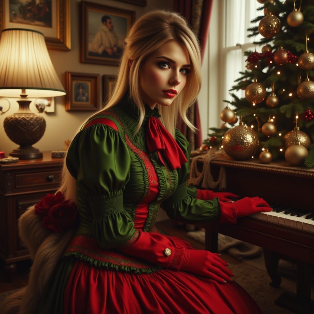 Victorian Lady Plays Piano in Romantic Oil Painting Style