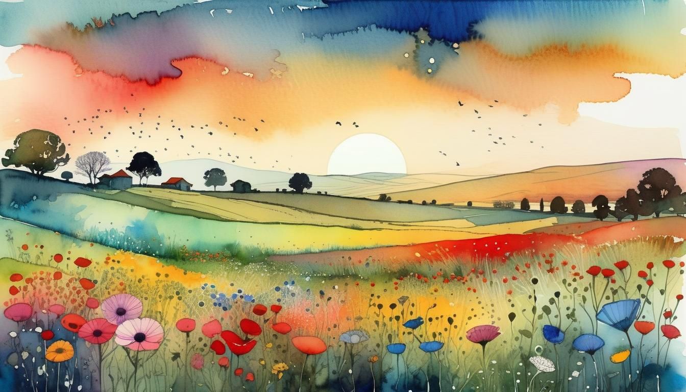 Colorful Dawn Flower Field, Watercolor and Ink Illustration