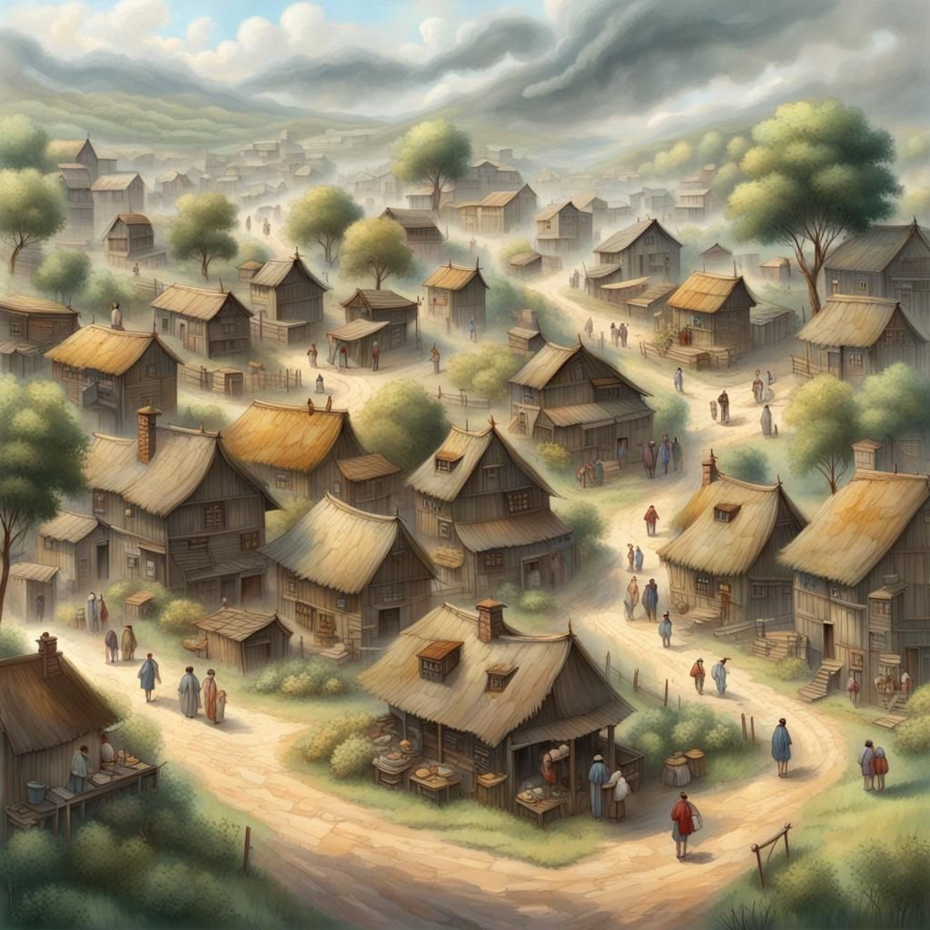 Ethereal Village: Translucent Figures in Countryside Scene