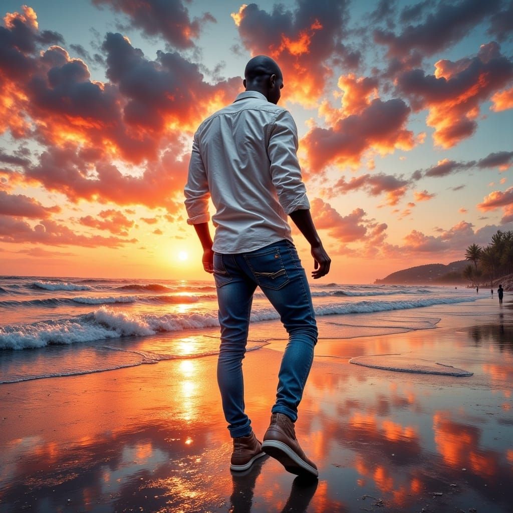 Black Man Walking on Seashore in Realist Style