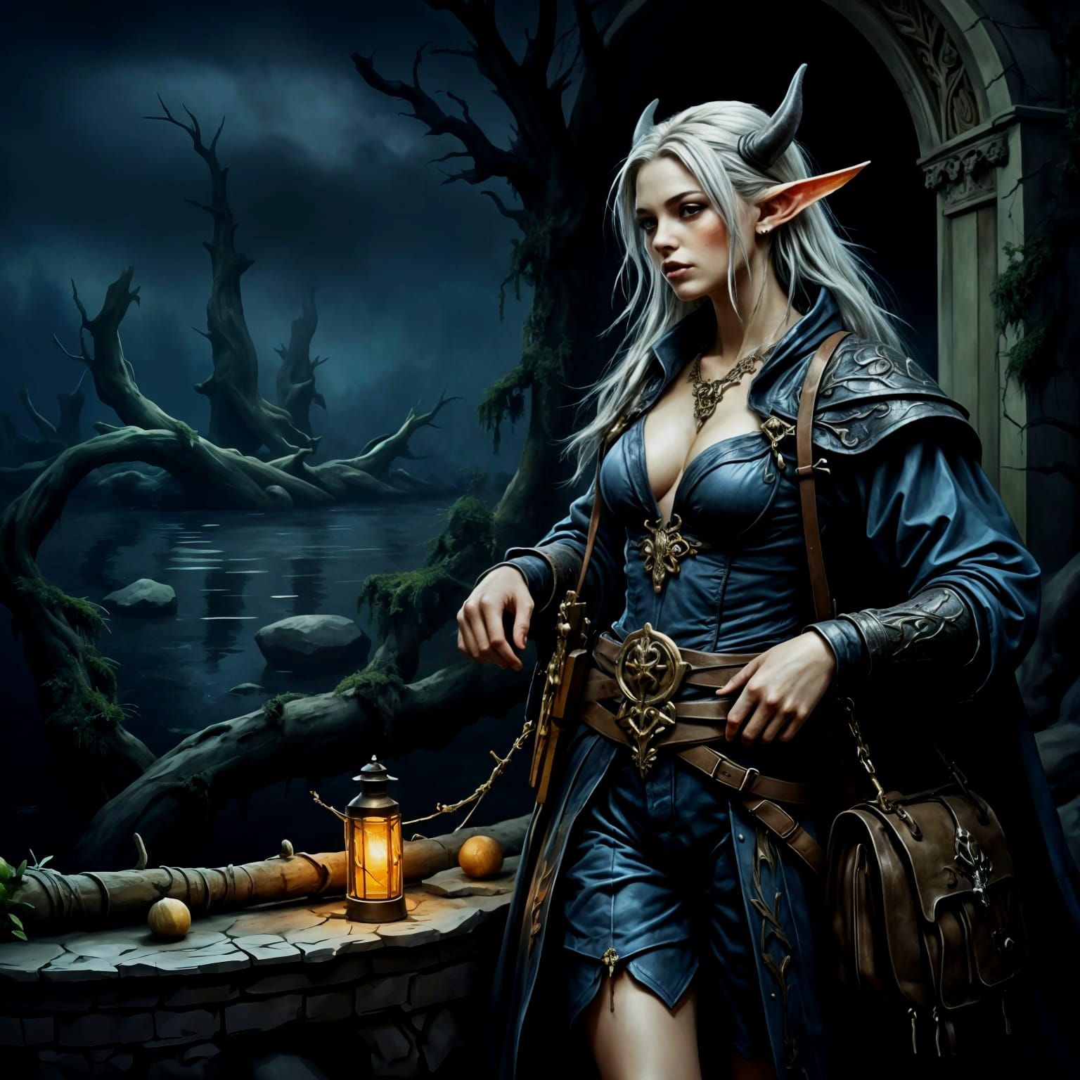 Tiefling Einuval Pael explores the submerged palace of her ancestral home in Minauros