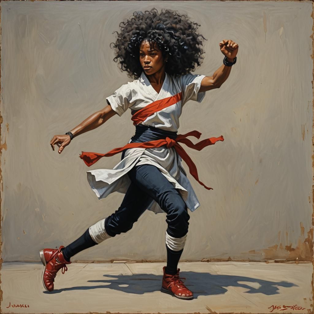 Black Woman Kung Fu Fighter in Oil Painting