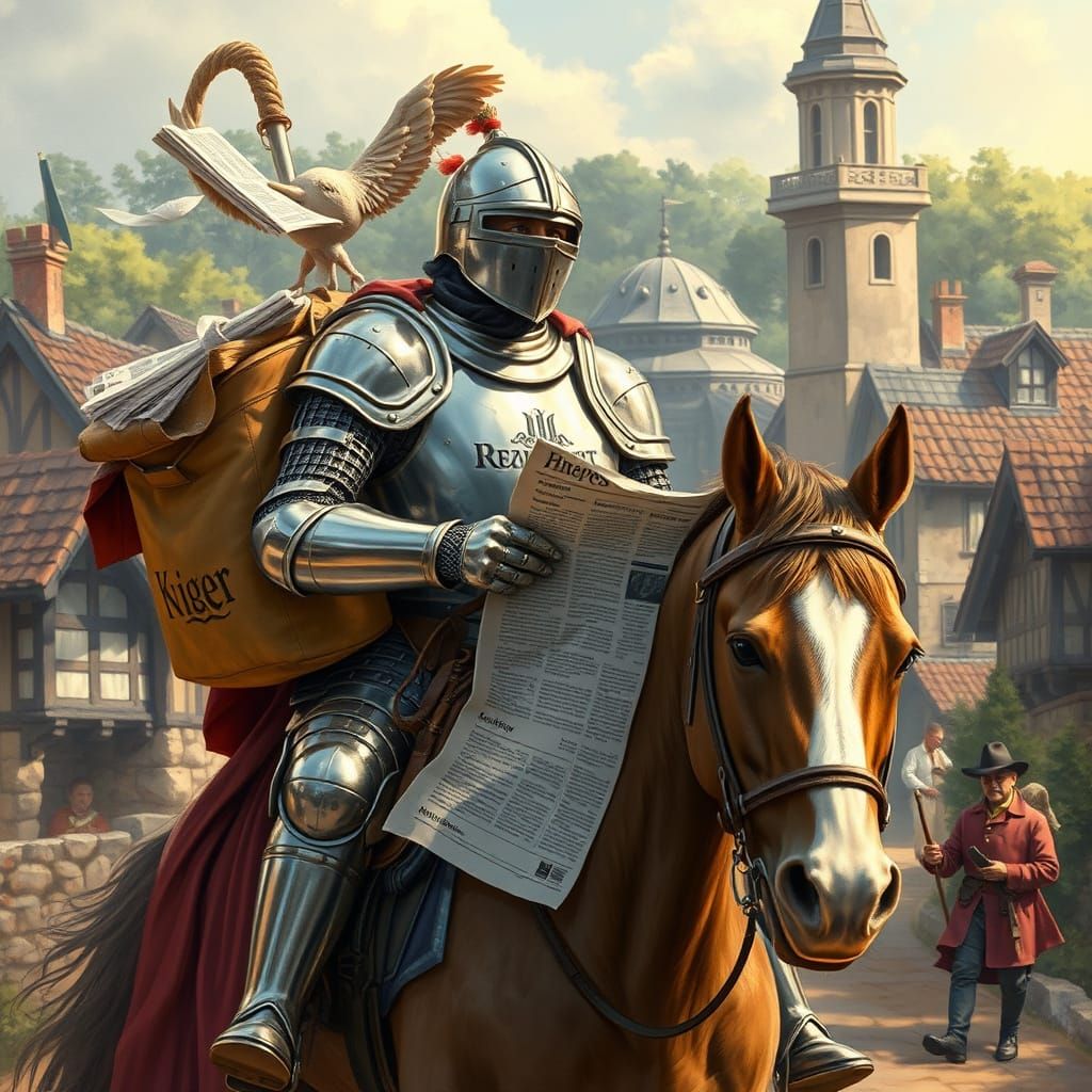 Knight in Whimsical Village News Delivery