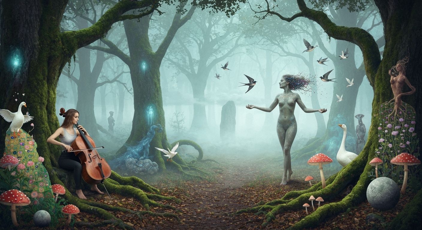 Mystical Cellist in Enchanted Foggy Forest