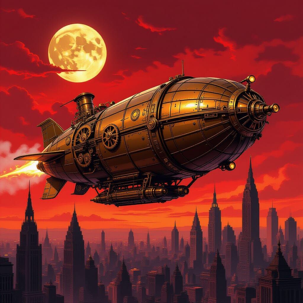 Dieselpunk Airship Soaring Over Metropolis in Pixel Art