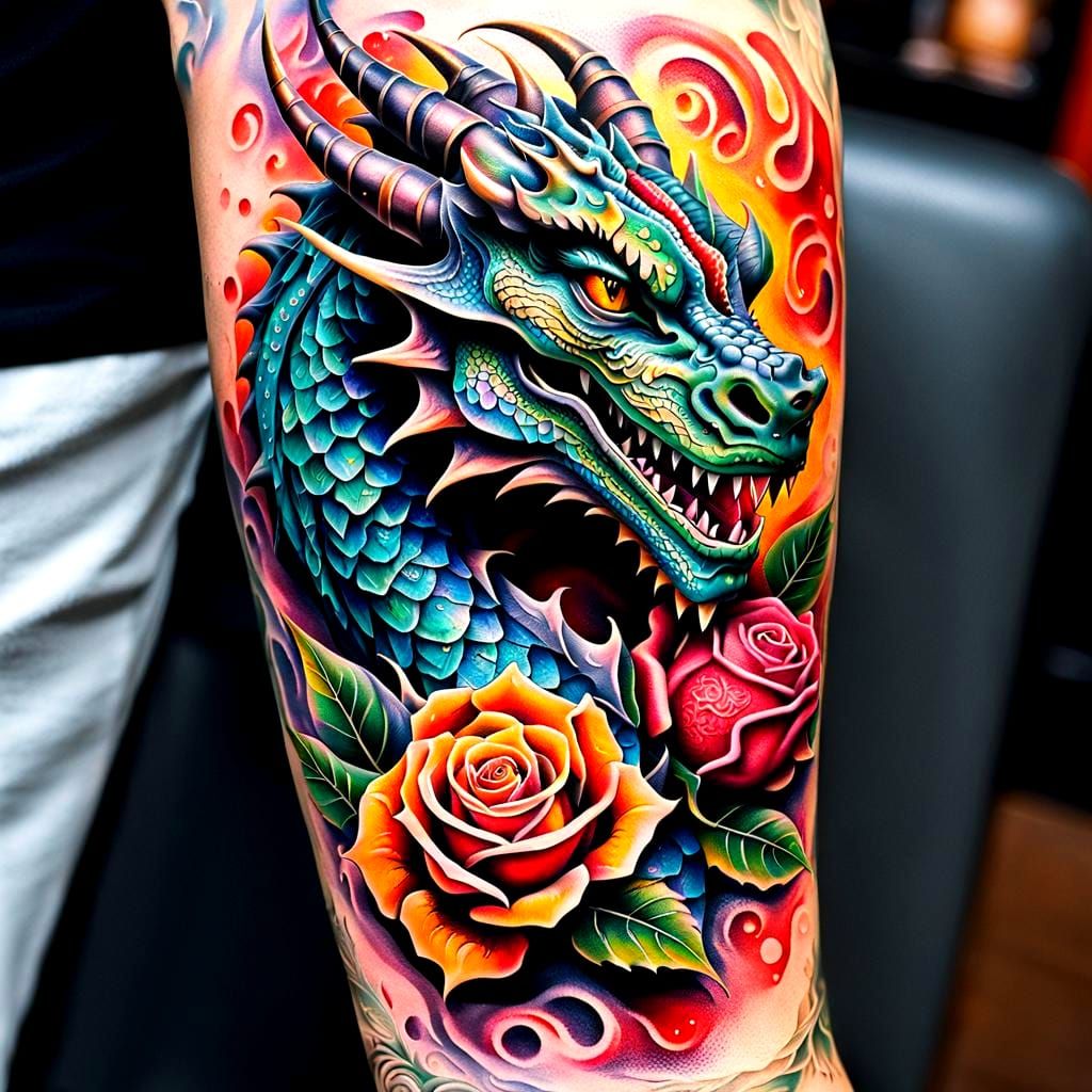 Dragon and Rose Tattoo in Hyperrealistic Splash Art