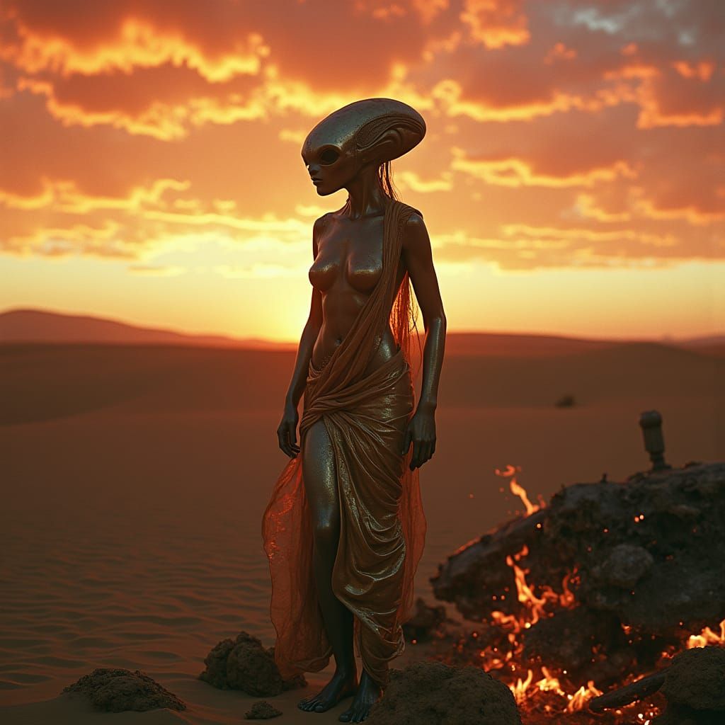 Ethereal Alien Figure in Roswell's Desert Ruins