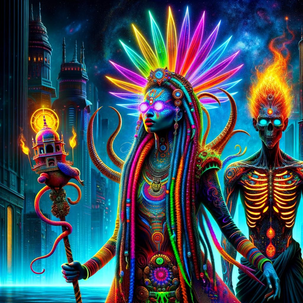 Cosmic Goddess and Anubis Face Skeletal Dragon