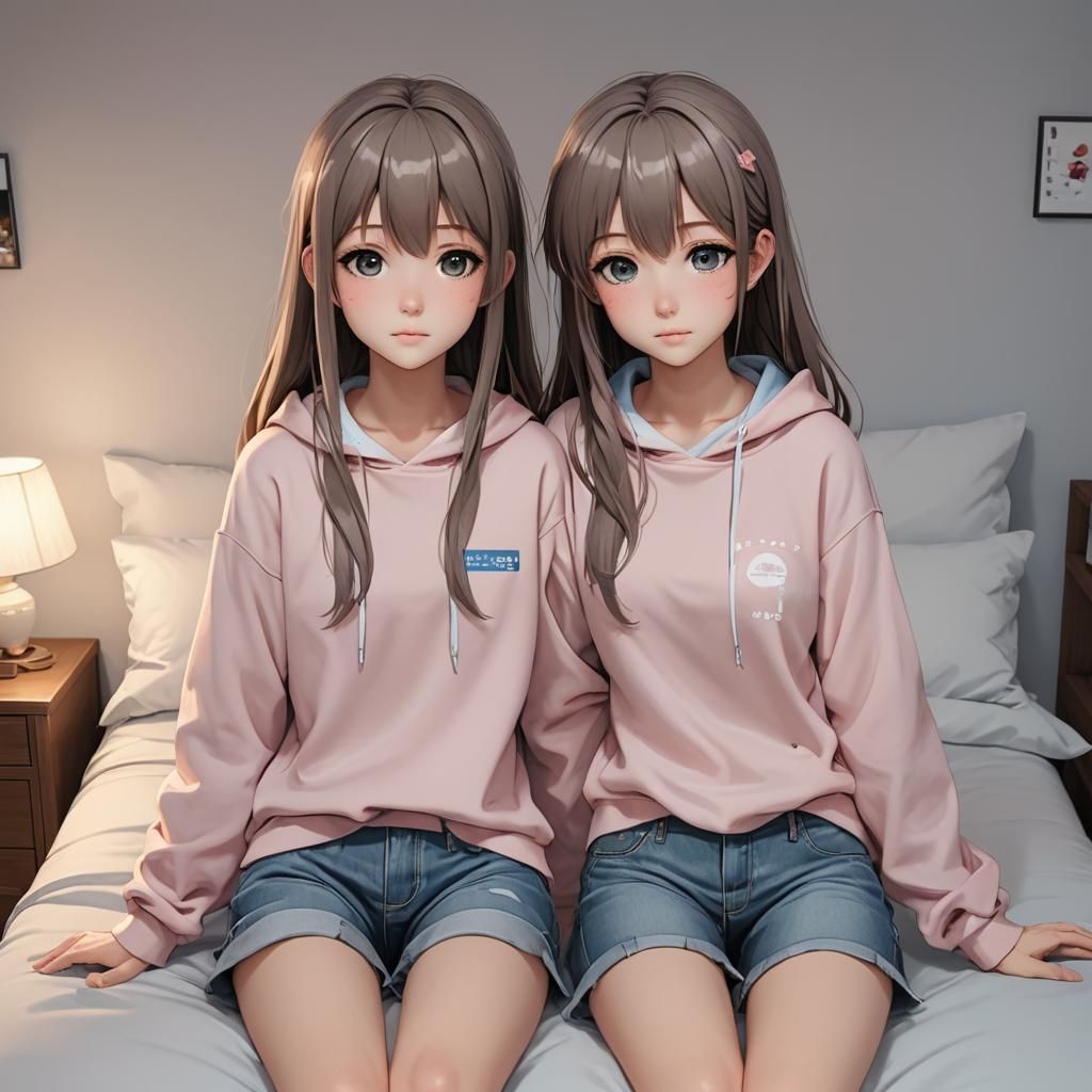 Crying Twin Anime Girls in 3D Art Style