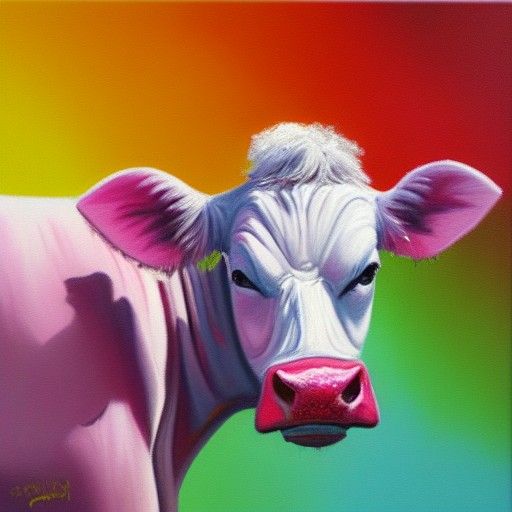 Pink Cow on Rainbow as Oil Painting