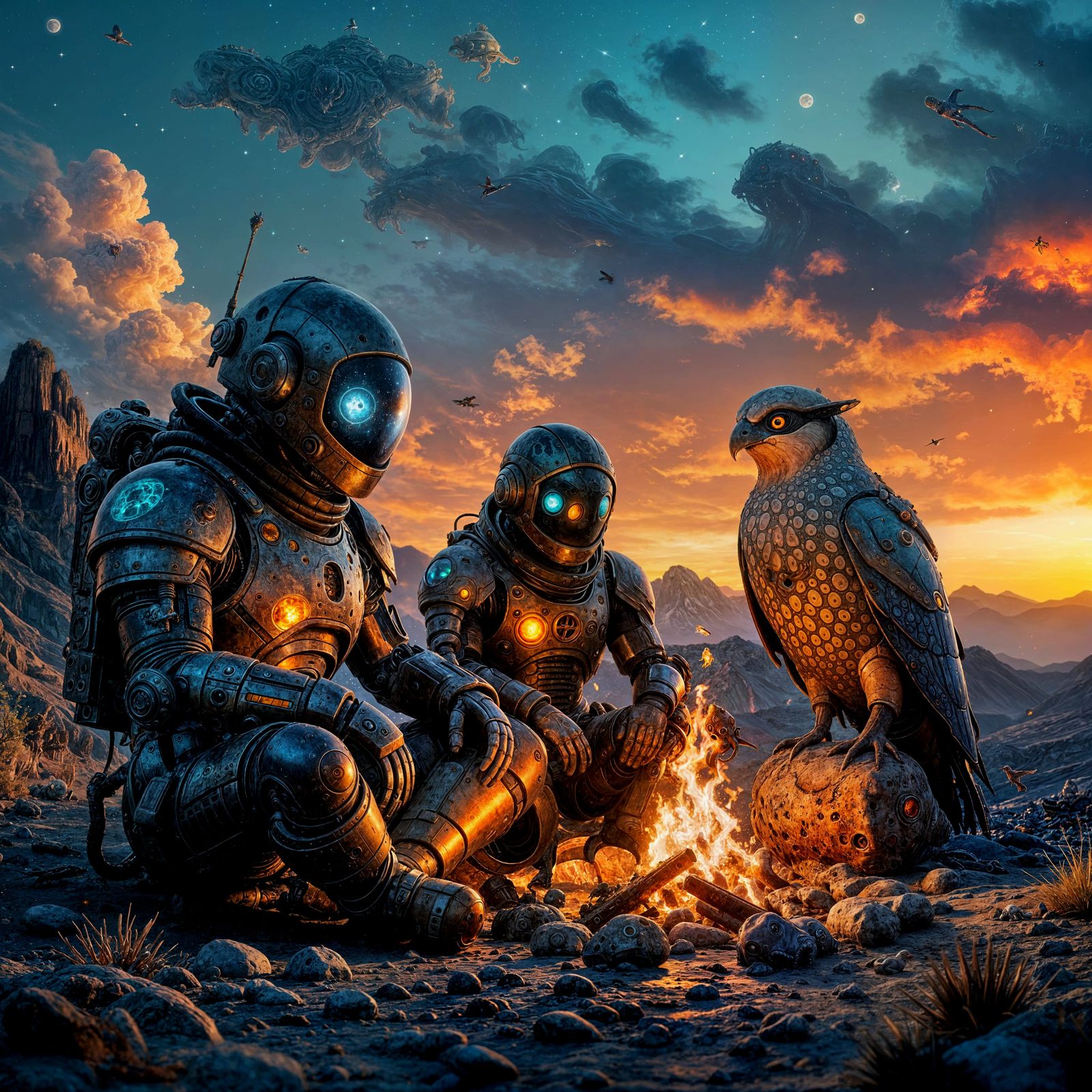 Alien Fireplace Scene: Robot, Octopus & Bird