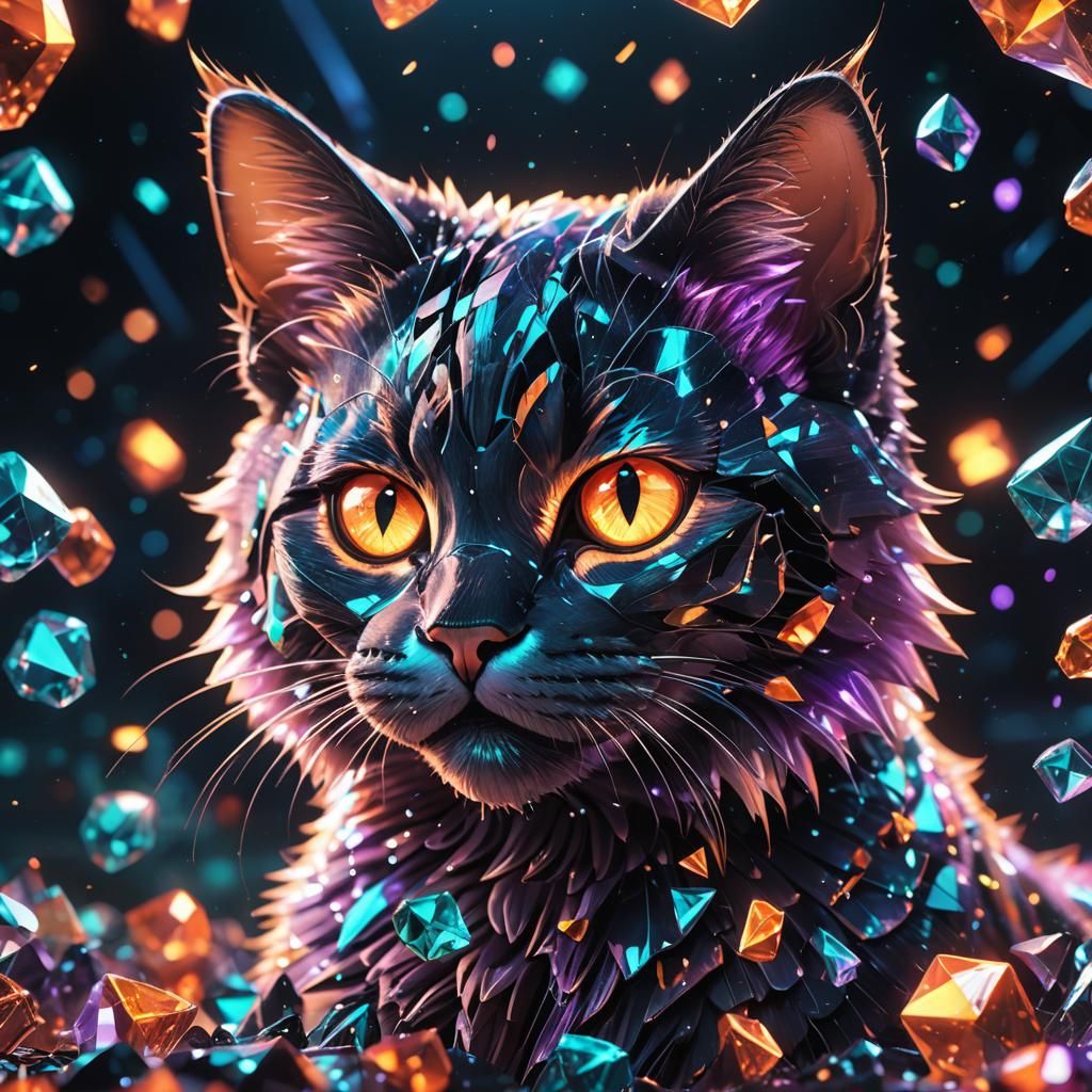Holographic Crystal Cat in Neon Anime Style