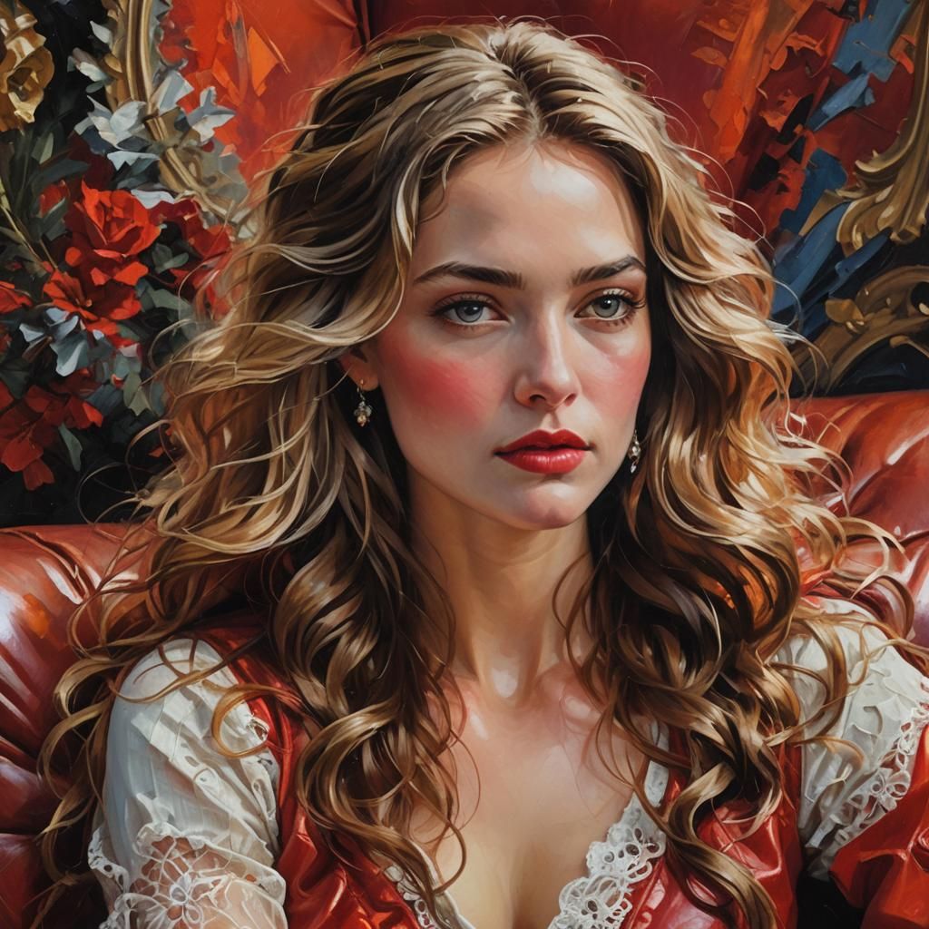 Beautiful Woman on Sofa: Impasto Oil Painting