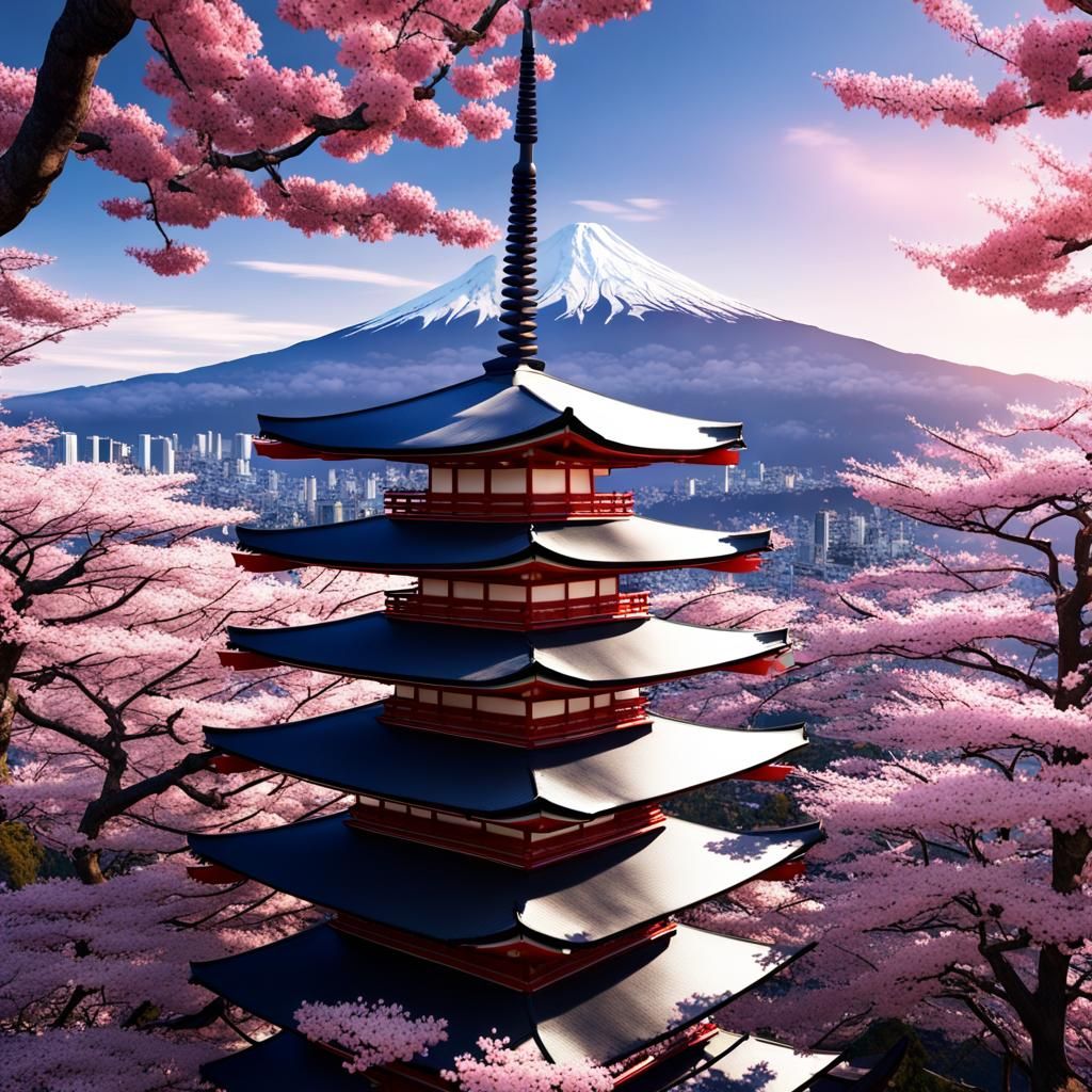Cherry Blossoms at Chureito Pagoda with Mount Fuji