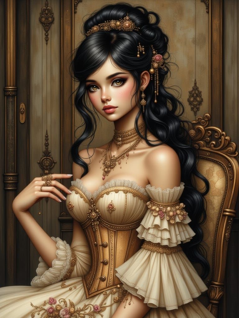 Elegant Woman in Steampunk Gown, Pre-Raphaelite Style