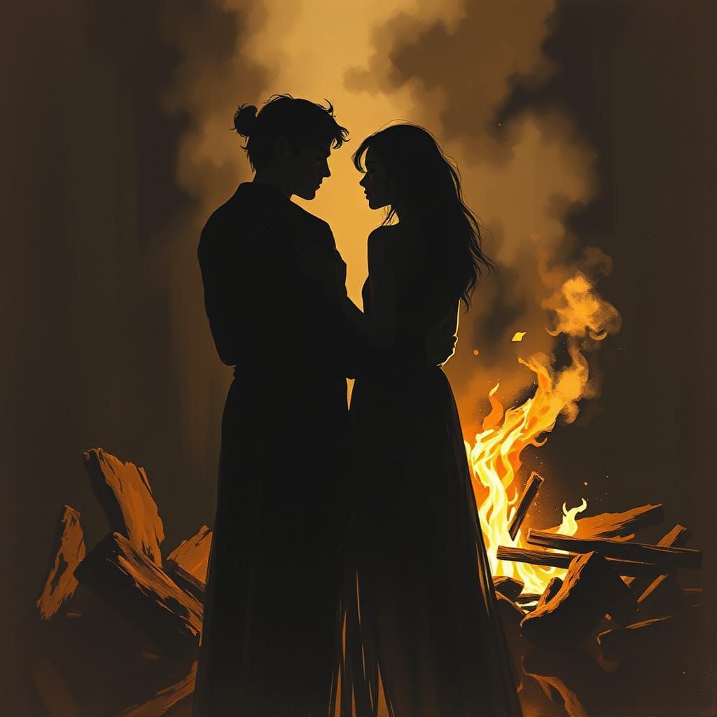 Surreal Figures Embrace by Golden Fire in a Cozy, Intimate S...