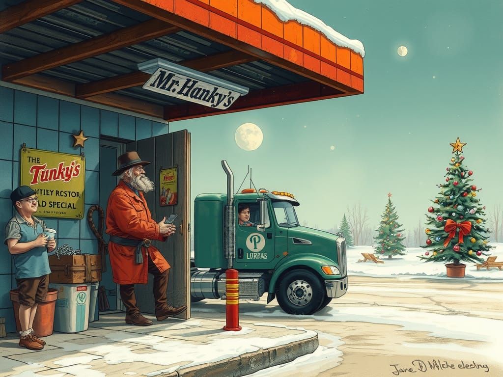 Bizarre Truckstop Holiday in Expressive Surrealist Style