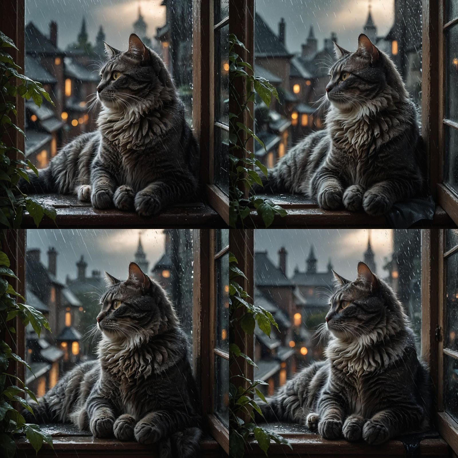 Cat Curled Up Watching Rain on Windowsill