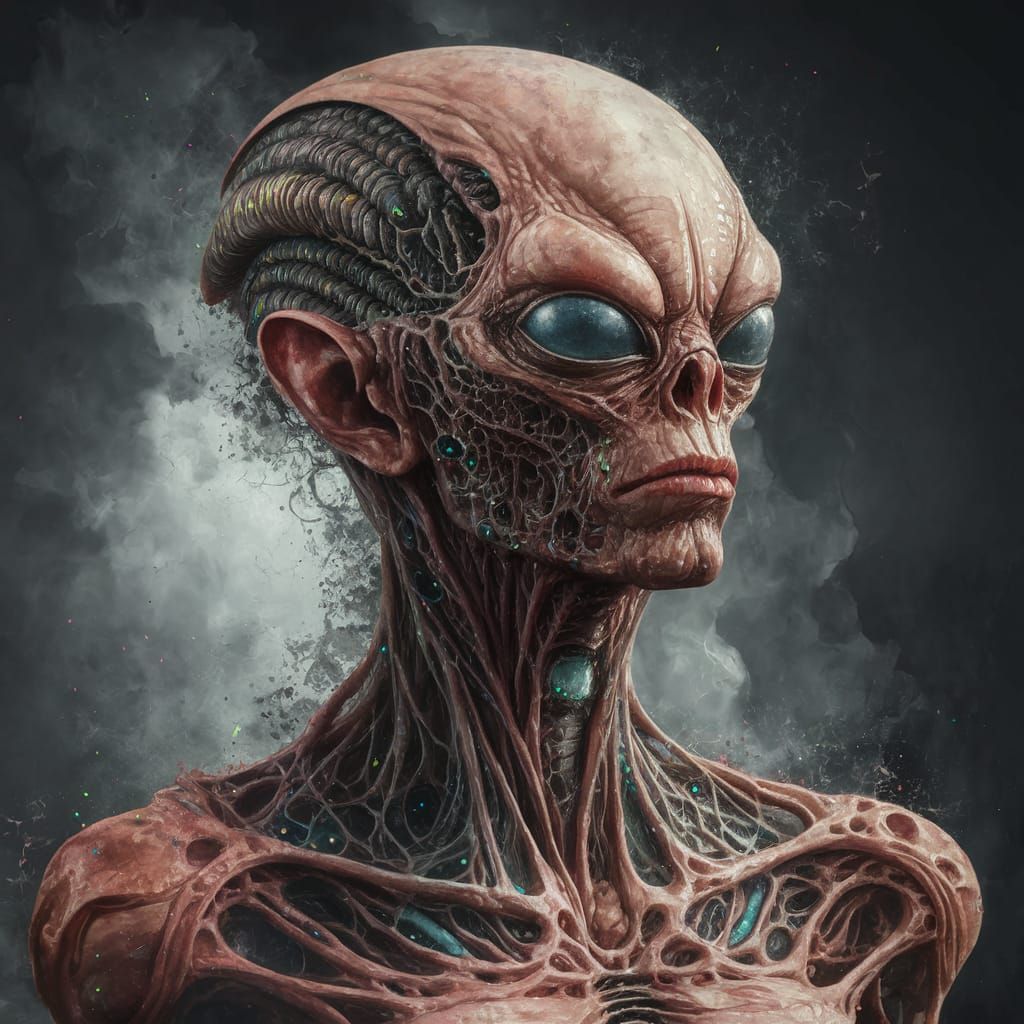 Hyperrealistic Alien Portrait in Vibrant, Mystical Landscape