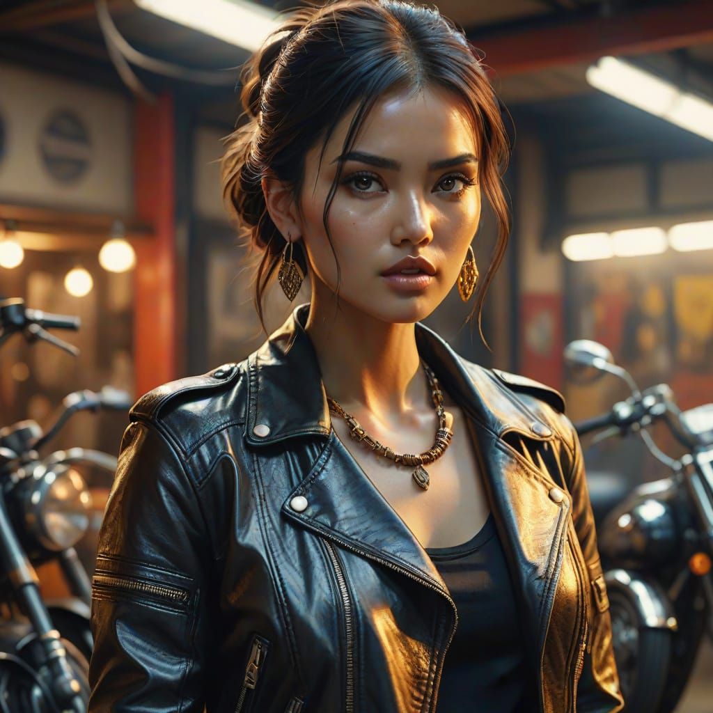 Eurasian Model in Biker Garage, Hyper-Realistic Digital Art