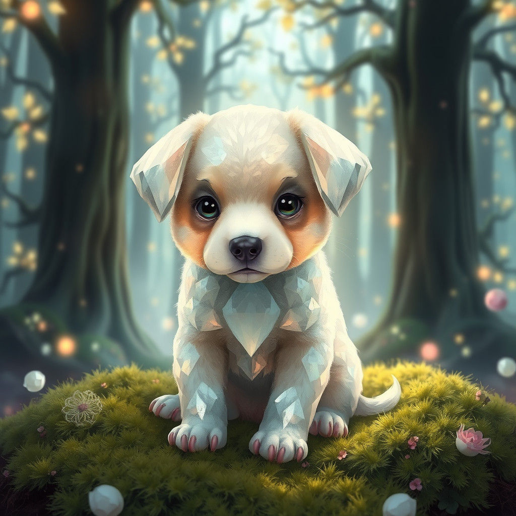 Crystalline Puppy in Dreamlike Forest, as Digital Art