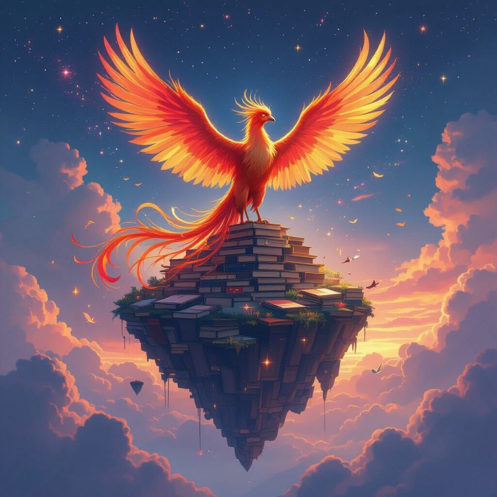 Phoenix Perched on Island of Books in Nebula