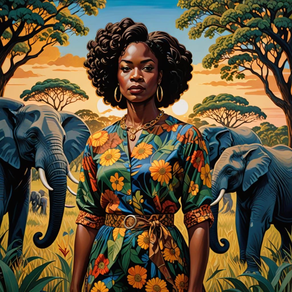 Vibrant Oil Painting of a Confident African Woman in a Sceni...