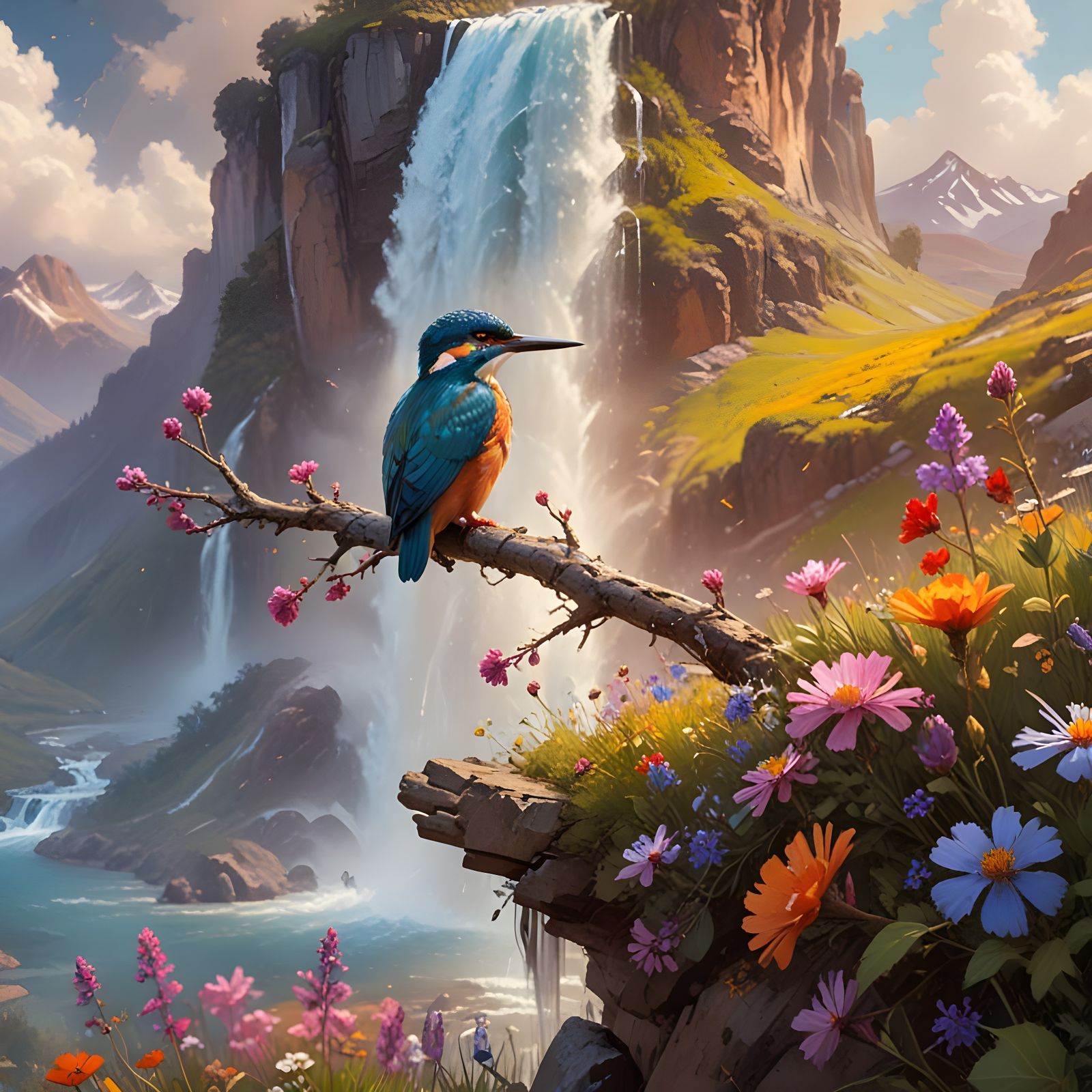 Kingfisher in Serene Springtime Valley