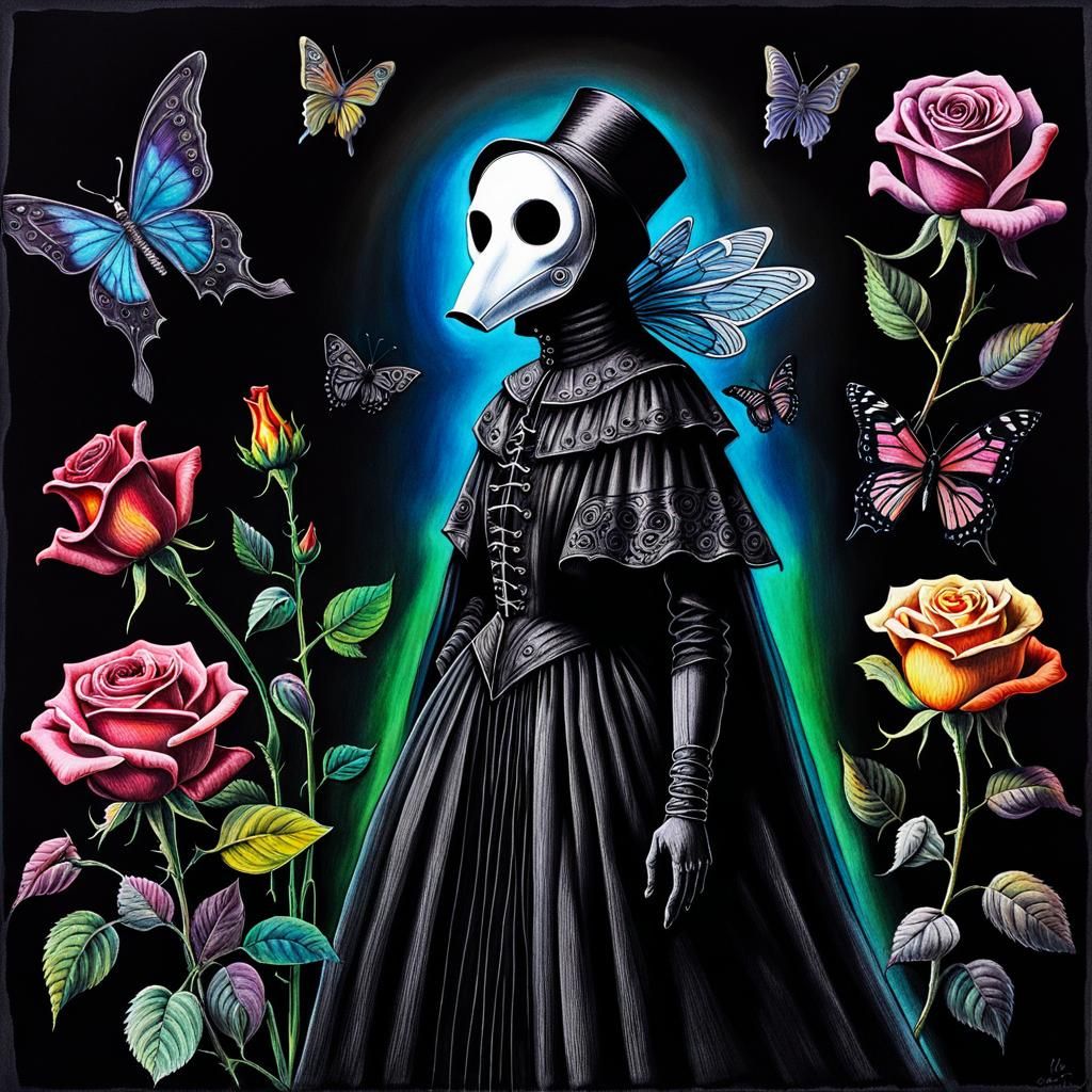 Surreal Crayon Drawing: Gothic Woman in Darkness