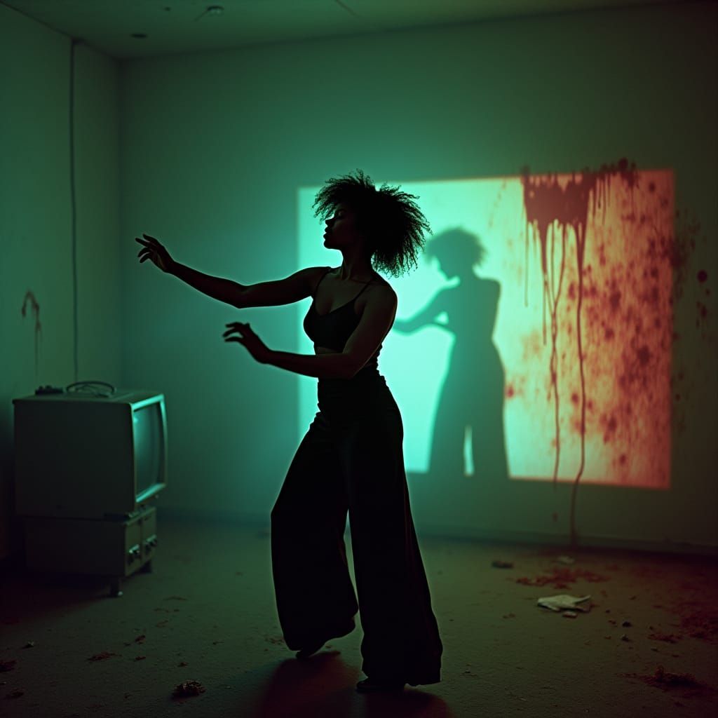 Woman Dances in Abandoned House with Glitching TV