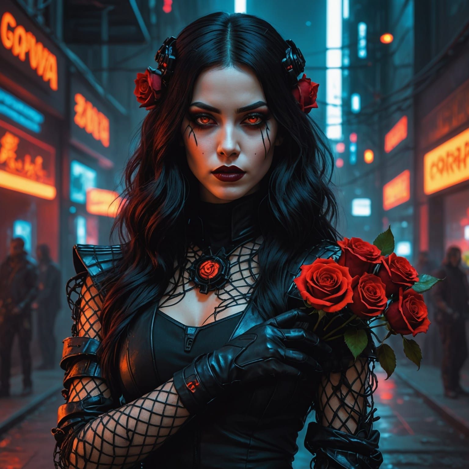 Ghostwoman with Luminous Tattoos in Cyberpunk Art Style