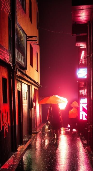 Rainy Sunrise in a Dystopian Megacity Redlight Alleyway Bar