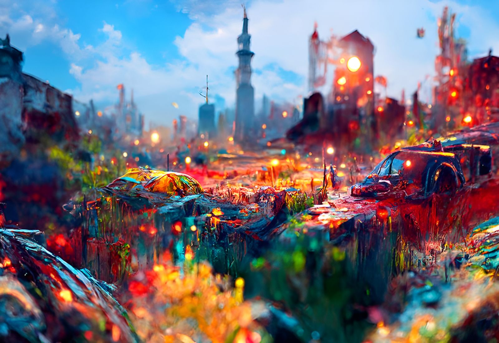 Dramatic Cityscape Painting with Volumetric Lighting